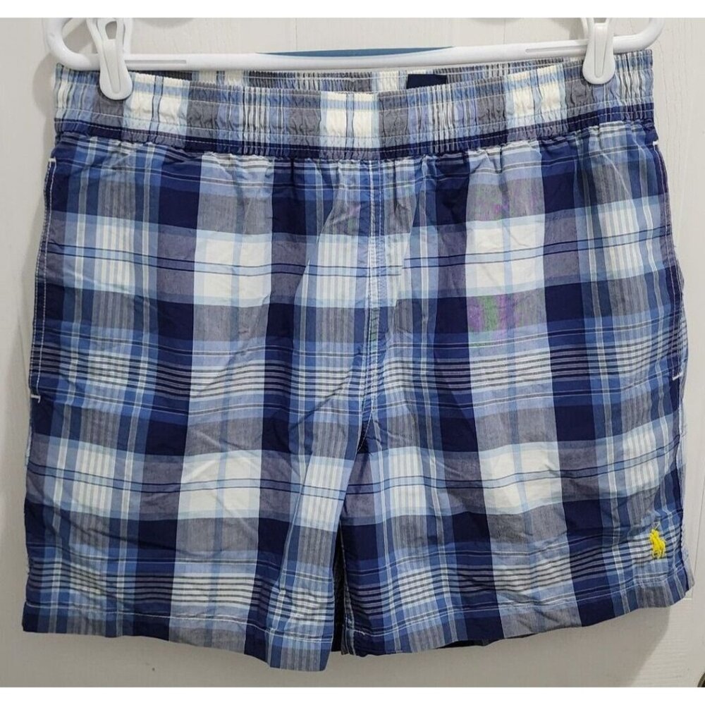 Polo Ralph Lauren Blue Plaid Drawstring Swim Shorts Trunks Size M‎ Yellow Pony